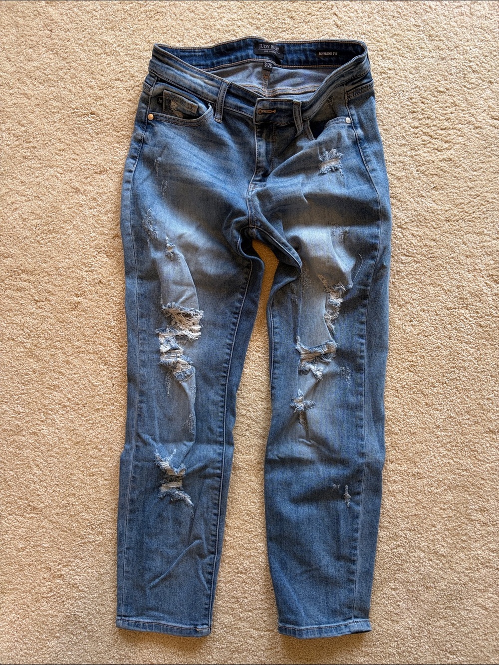 Judy Blue Distressed Boyfriend Jeans - Blue Wash